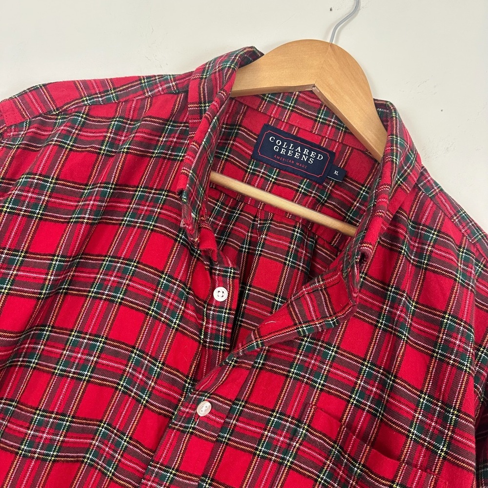 Collared Greens Button Down Shirt Red Plaid Cotton Long Sleeve Button Up Mens XL
